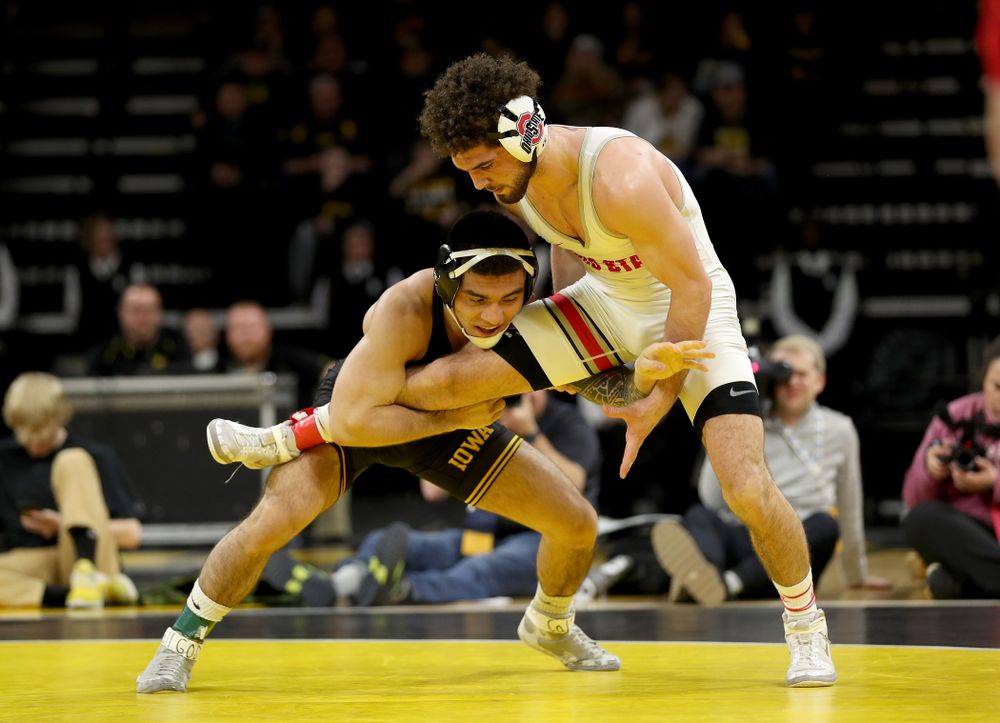 Iowa’s Pat Lugo wrestles Ohio State’s Sammy Sasso at 149 pounds Friday, January 24, 2020 at Carver-Hawkeye Arena. Sasso won the match with a 2-1 in overtime. (Brian Ray/hawkeyesports.com)
