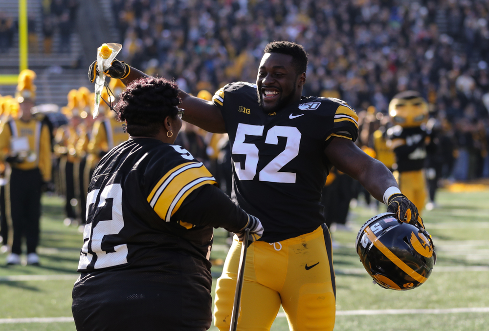 Iowa Hawkeyes linebacker Amani Jones (52) during Senior Day festivities before their game against the Illinois Fighting Illini Saturday, November 23, 2019 at Kinnick Stadium. (Brian Ray/hawkeyesports.com)