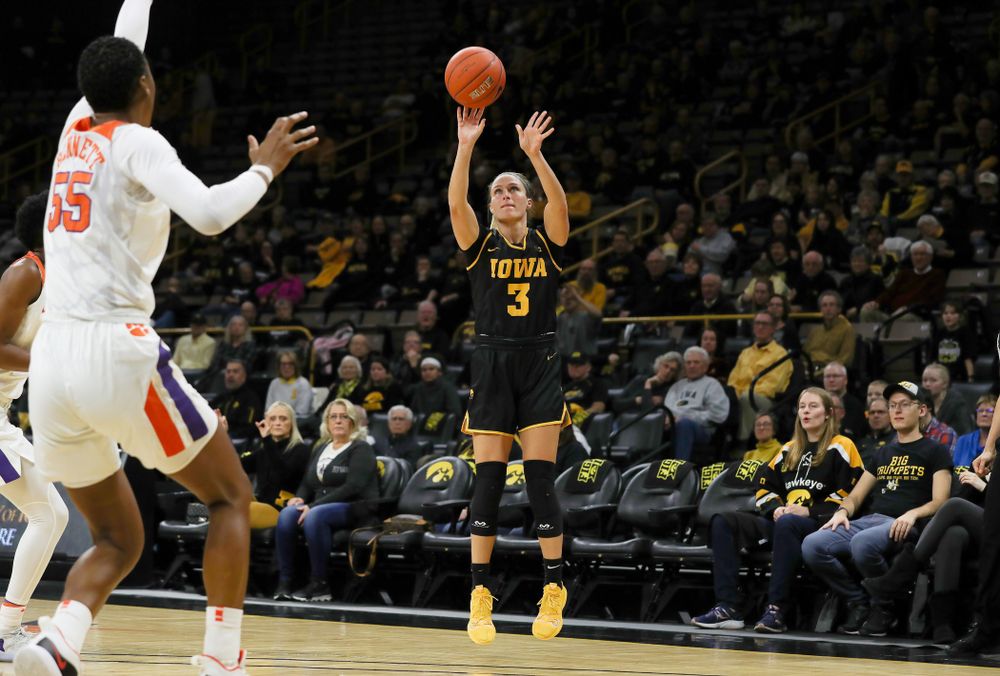 Iowa Hawkeyes guard Makenzie Meyer (3) knocks down a three point basket against Clemson Wednesday, December 4, 2019 at Carver-Hawkeye Arena. (Brian Ray/hawkeyesports.com)