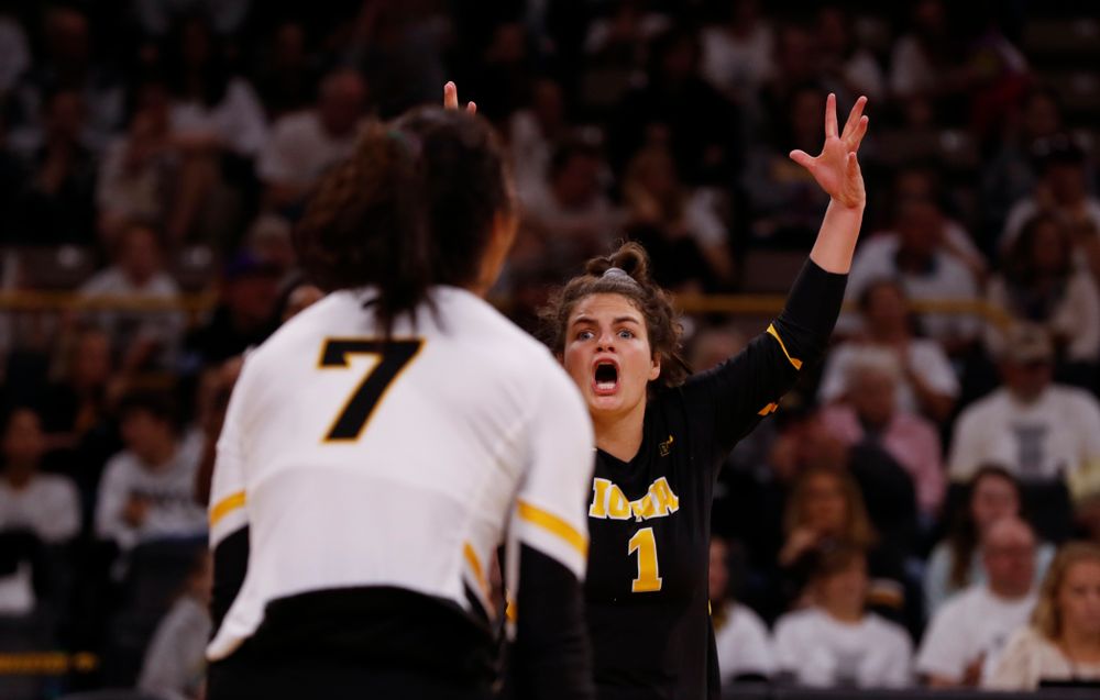 Iowa Hawkeyes defensive specialist Molly Kelly (1) against the Michigan State Spartans Friday, September 21, 2018 at Carver-Hawkeye Arena. (Brian Ray/hawkeyesports.com)