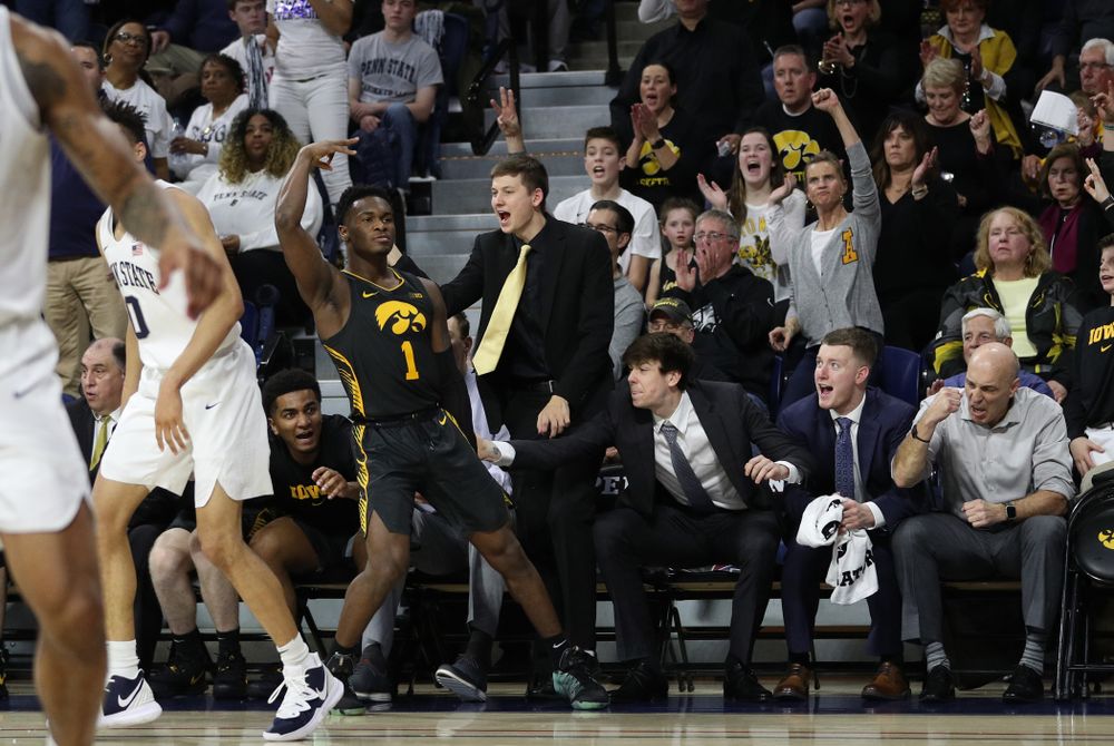 Iowa Hawkeyes guard Joe Toussaint (1) knocks down a three point basket against Penn State Saturday, January 4, 2020 at the Palestra in Philadelphia. (Brian Ray/hawkeyesports.com)