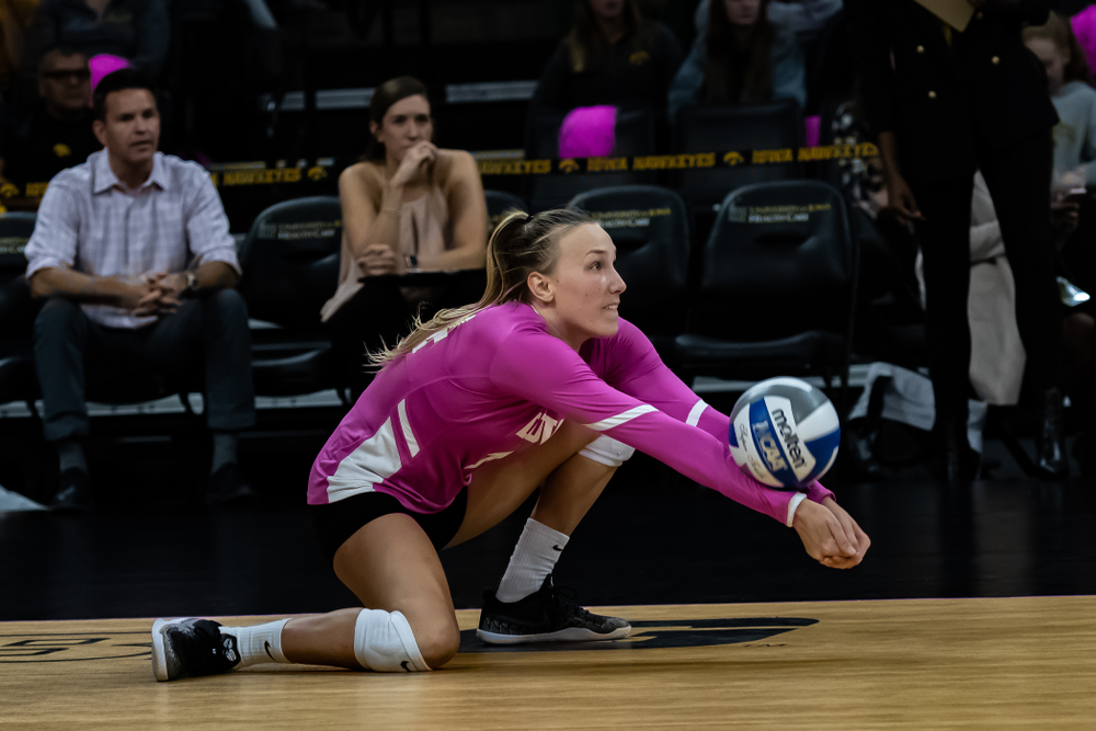Iowa Hawkeyes outside hitter Cali Hoye (14) against the Wisconsin Badgers Saturday, October 6, 2018 at Carver-Hawkeye Arena. (Clem Messerli/Iowa Sports Pictures)