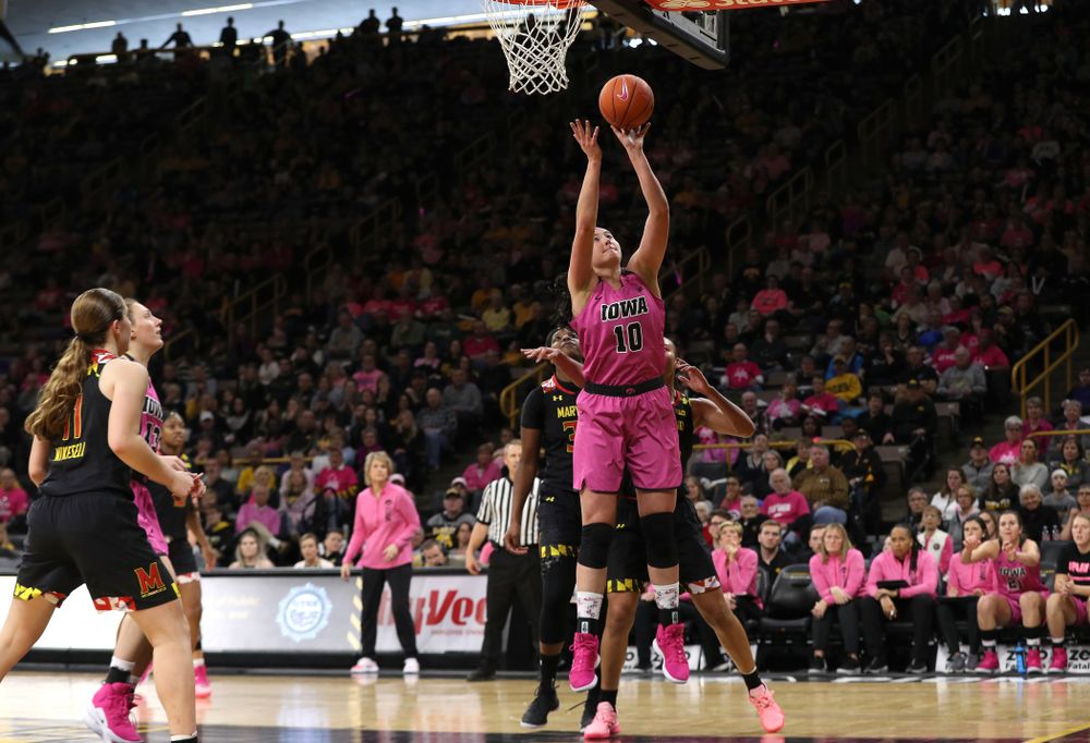 Iowa Hawkeyes forward Megan Gustafson (10) against the seventh ranked Maryland Terrapins Sunday, February 17, 2019 at Carver-Hawkeye Arena. (Brian Ray/hawkeyesports.com)