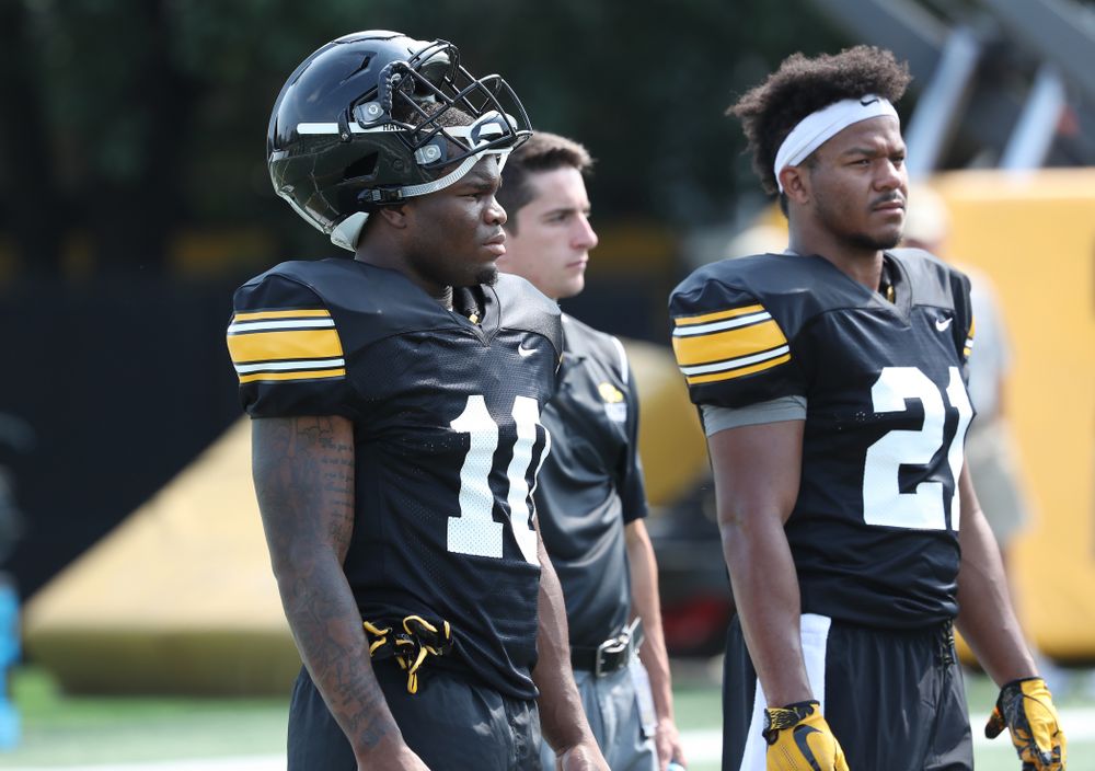 Iowa Hawkeyes running back Mekhi Sargent (10) and running back Ivory Kelly-Martin (21) during the third practice of fall camp Sunday, August 5, 2018 at the Kenyon Football Practice Facility. (Brian Ray/hawkeyesports.com)