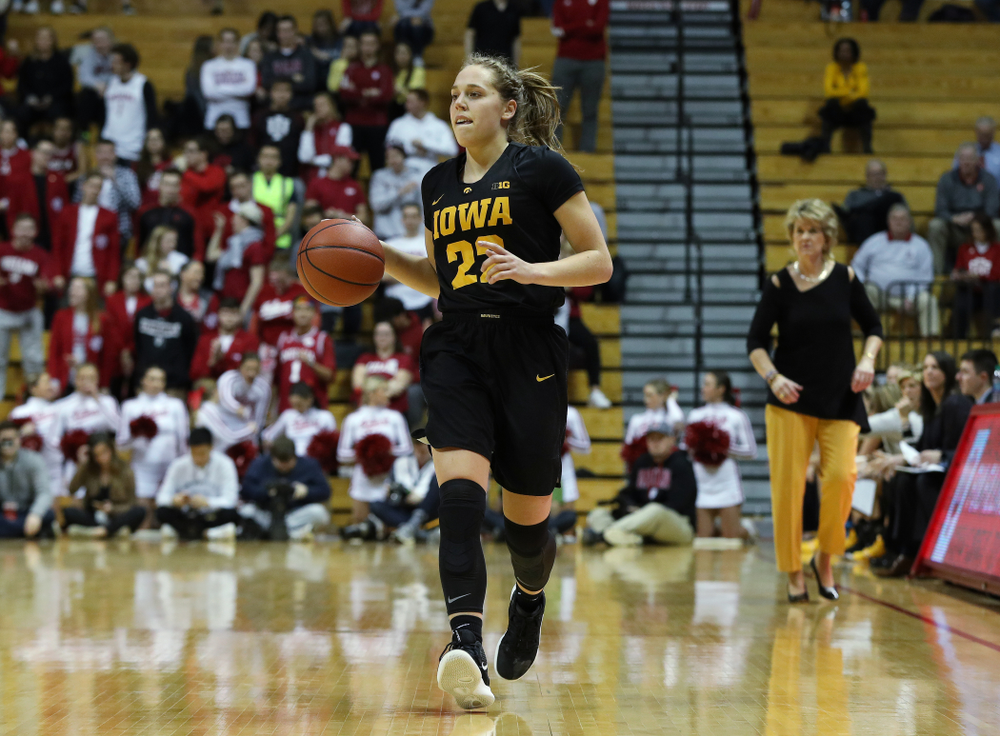 Iowa Hawkeyes guard Kathleen Doyle (22) against the Indiana Hoosiers Thursday, February 21, 2019 at Simon Skjodt Assembly Hall. (Brian Ray/hawkeyesports.com)