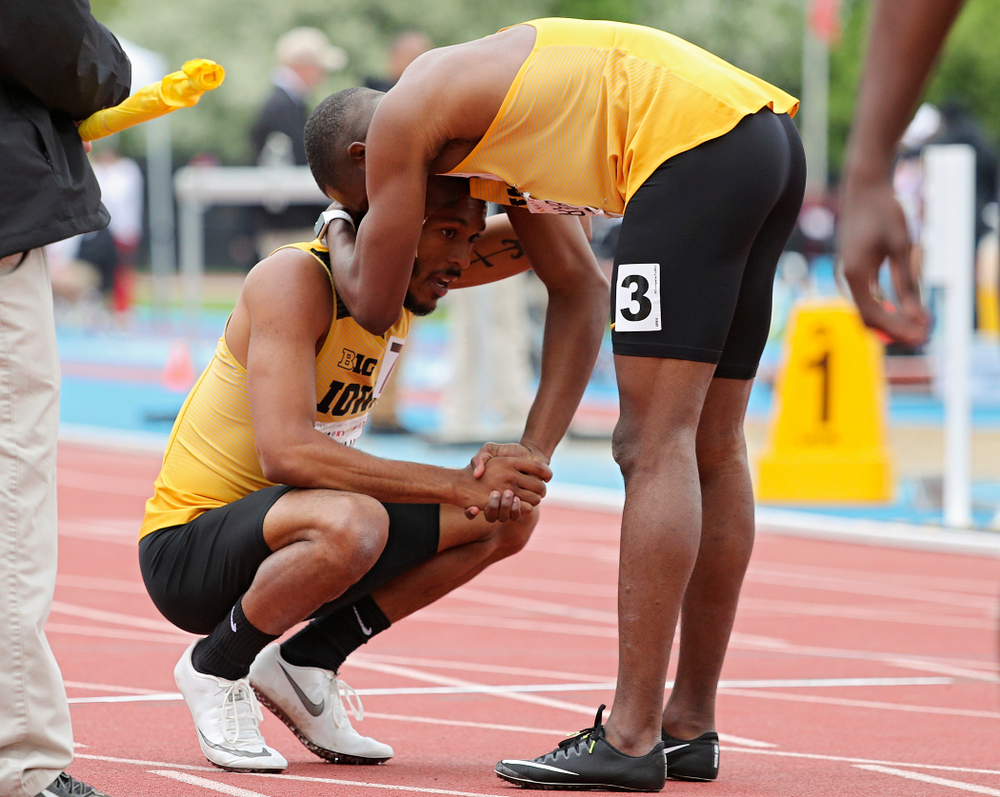 Iowa's Mar’yea Harris (from left) and Karayme Bartley after running the men’s 400 meter event on the third day of the Big Ten Outdoor Track and Field Championships at Francis X. Cretzmeyer Track in Iowa City on Sunday, May. 12, 2019. (Stephen Mally/hawkeyesports.com)