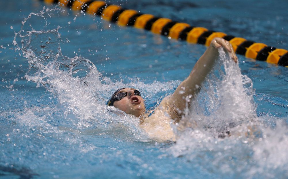 Iowa's John Colin competes in the 200-yard backstroke during the third day of the Hawkeye Invitational at the Campus Recreation and Wellness Center on November 17, 2018. (Tork Mason/hawkeyesports.com)