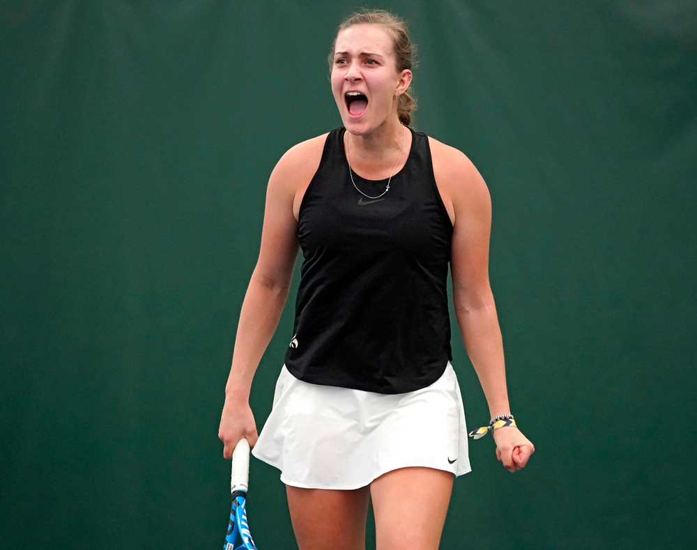 Iowa's Ashleigh Jacobs celebrates a point during a match against Indiana at the Hawkeye Tennis and Recreation Complex in Iowa City on Sunday, Mar. 31, 2019. (Stephen Mally/hawkeyesports.com)