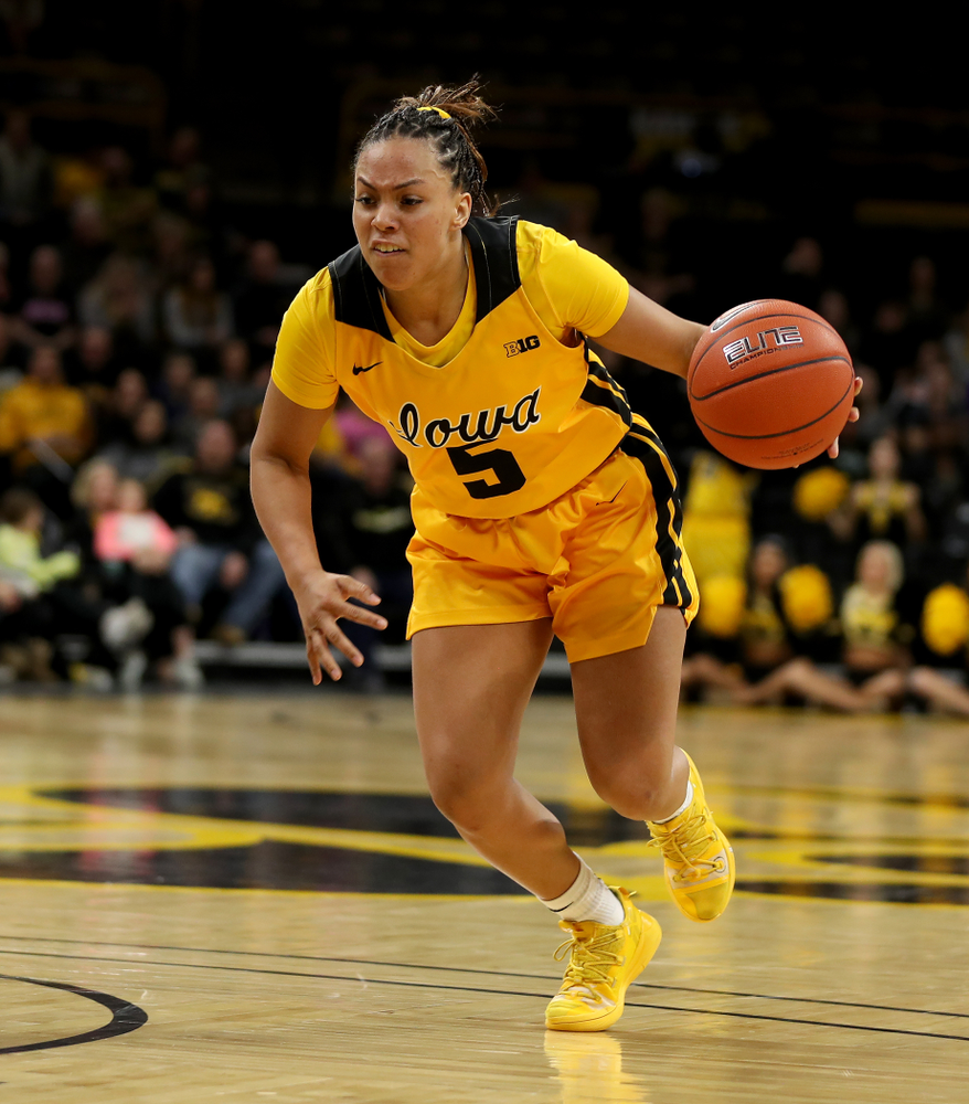 Iowa Hawkeyes guard Alexis Sevillian (5) against the Minnesota Golden Gophers Thursday, February 27, 2020 at Carver-Hawkeye Arena. (Brian Ray/hawkeyesports.com)
