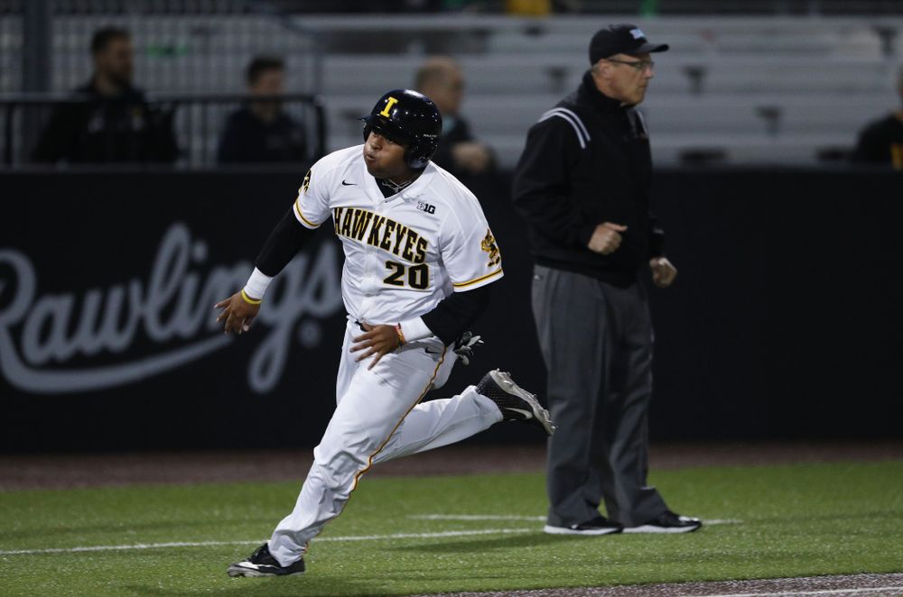 Iowa Hawkeyes Izaya Fullard (20) scores during game one against UC Irvine Friday, May 3, 2019 at Duane Banks Field. (Brian Ray/hawkeyesports.com)