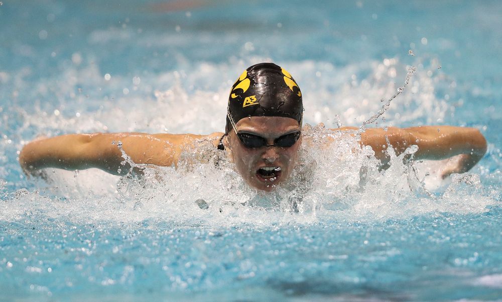 Iowa's Sarah Schemmel competes in the 100-yard butterfly during the third day of the Hawkeye Invitational at the Campus Recreation and Wellness Center on November 16, 2018. (Tork Mason/hawkeyesports.com)