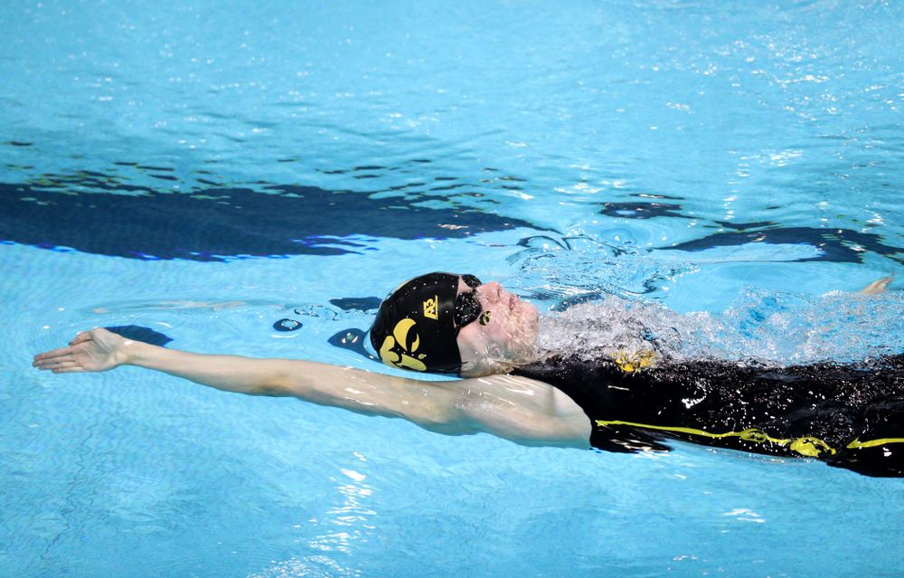 Iowa's Hannah Burvill swims the backstroke leg of the 200-yard medley relay against the Iowa State Cyclones in the Iowa Corn Cy-Hawk Series Friday, December 7, 2018 at at the Campus Recreation and Wellness Center. (Brian Ray/hawkeyesports.com)