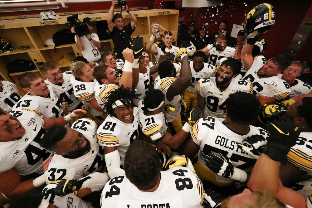 The Iowa Hawkeyes celebrate their victory over the Iowa State Cyclones Saturday, September 14, 2019 in Ames, Iowa. (Brian Ray/hawkeyesports.com)