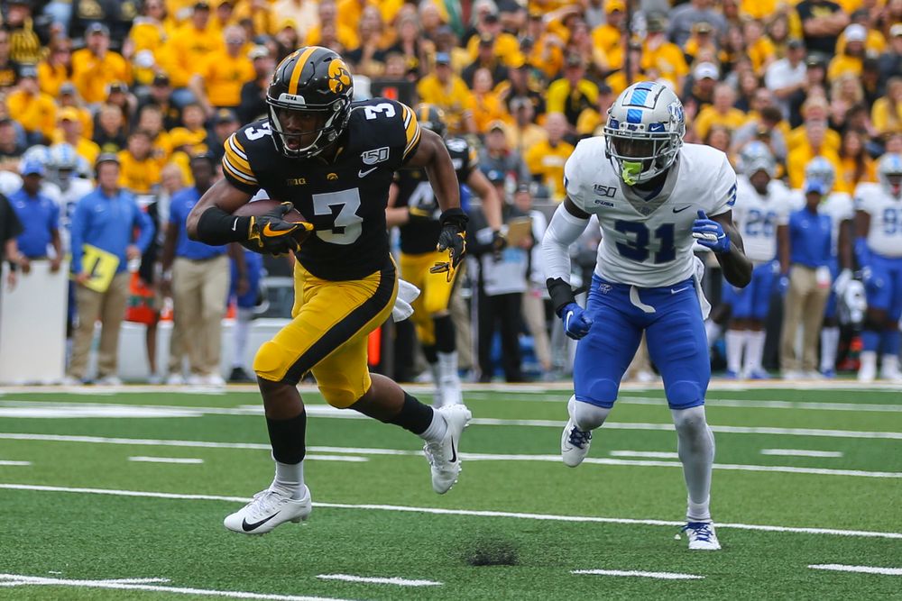 Iowa Hawkeyes wide receiver Tyrone Tracy Jr. (3) against Middle Tennessee Saturday, September 28, 2019 at Kinnick Stadium. (Lily Smith/hawkeyesports.com)