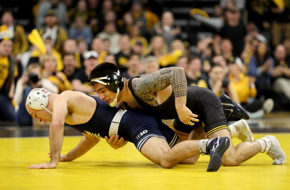 Iowa’s Pat Lugo wrestles Penn State’s Jarod Verkleeren at 149 pounds Friday, January 31, 2020 at Carver-Hawkeye Arena. Lugo defeated Verkleeren 6-1. (Brian Ray/hawkeyesports.com)