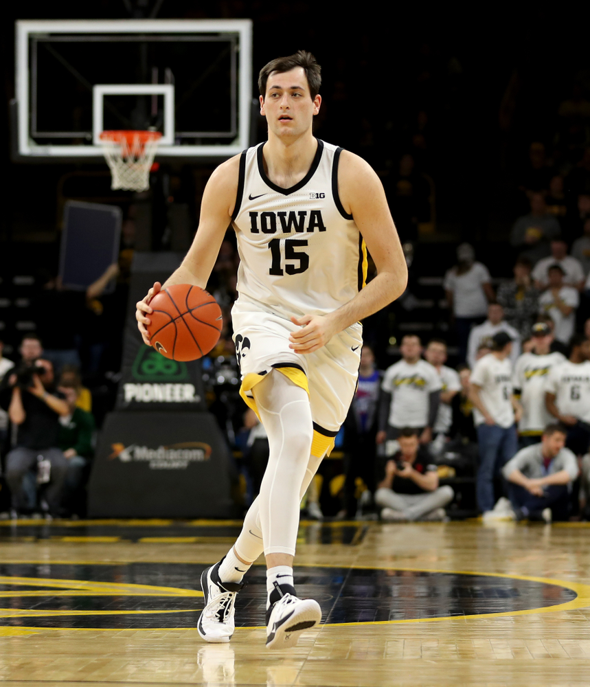 Iowa Hawkeyes forward Ryan Kriener (15) against the Ohio State Buckeyes Thursday, February 20, 2020 at Carver-Hawkeye Arena. (Brian Ray/hawkeyesports.com)