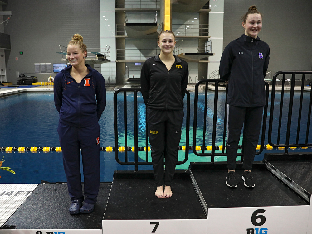 Iowa’s Samantha Tamborski on the awards stand after the women’s 3 meter diving final event during the 2020 Women’s Big Ten Swimming and Diving Championships at the Campus Recreation and Wellness Center in Iowa City on Friday, February 21, 2020. (Stephen Mally/hawkeyesports.com)