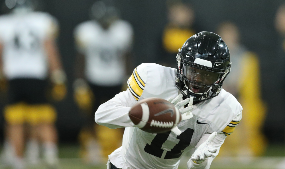 Iowa Hawkeyes defensive back Michael Ojemudia (11) during Fall Camp Practice No. 16 Tuesday, August 20, 2019 at the Ronald D. and Margaret L. Kenyon Football Practice Facility. (Brian Ray/hawkeyesports.com)