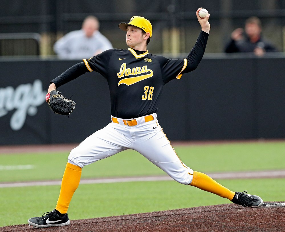 Iowa Hawkeyes pitcher Trenton Wallace (38) delivers to the plate during the first inning of their game against Illinois State at Duane Banks Field in Iowa City on Wednesday, Apr. 3, 2019. (Stephen Mally/hawkeyesports.com)