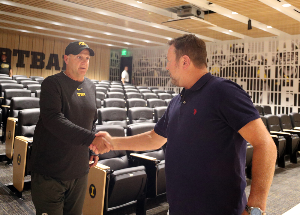 Former University of Iowa defensive back and Oklahoma Head Coach Bob Stoops addresses the Hawkeye Football team as the honorary captain for their game against Miami, Ohio Friday, August 30, 2019 at the Hansen Football Performance Center. (Brian Ray/hawkeyesports.com)
