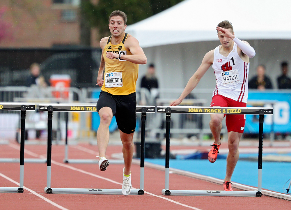 Iowa's Noah Larrison runs the men’s 400 meter hurdles event on the third day of the Big Ten Outdoor Track and Field Championships at Francis X. Cretzmeyer Track in Iowa City on Sunday, May. 12, 2019. (Stephen Mally/hawkeyesports.com)