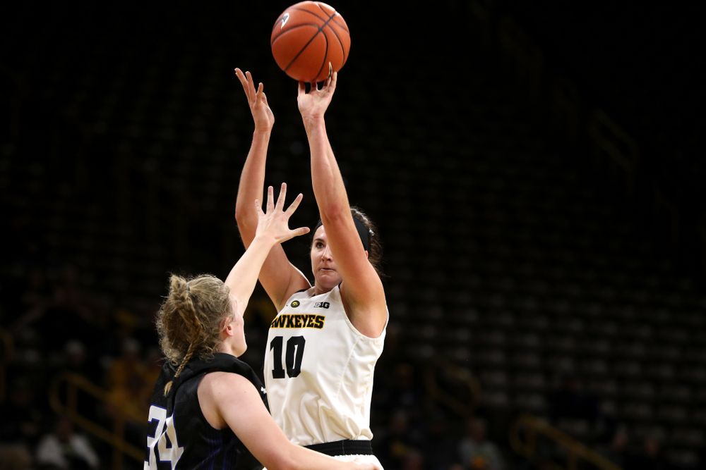 Iowa Hawkeyes forward Megan Gustafson (10) against Dakota Wesleyan University Tuesday, November 6, 2018 at Carver-Hawkeye Arena. (Brian Ray/hawkeyesports.com)