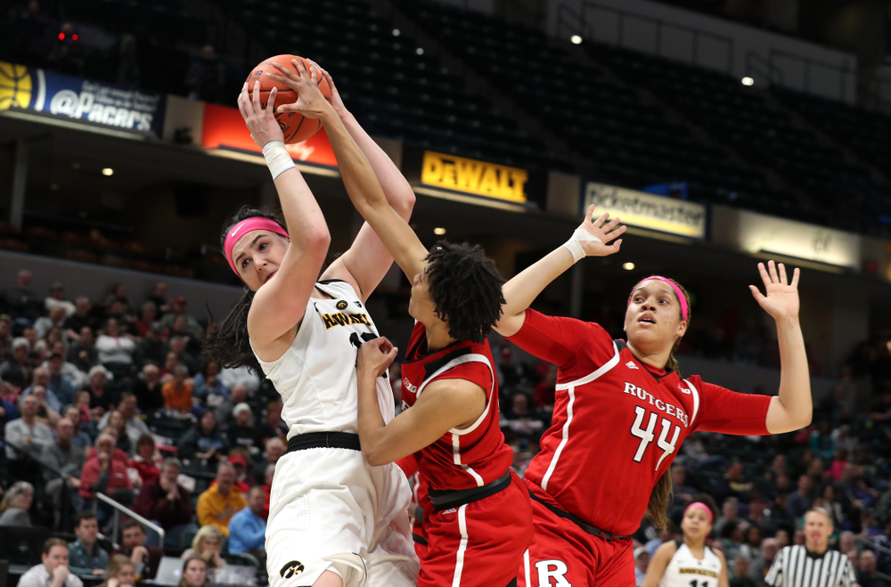 Iowa Hawkeyes guard Tania Davis (11) against the Rutgers Scarlet Knights in the semi-finals of the Big Ten Tournament Saturday, March 9, 2019 at Bankers Life Fieldhouse in Indianapolis, Ind. (Brian Ray/hawkeyesports.com)
