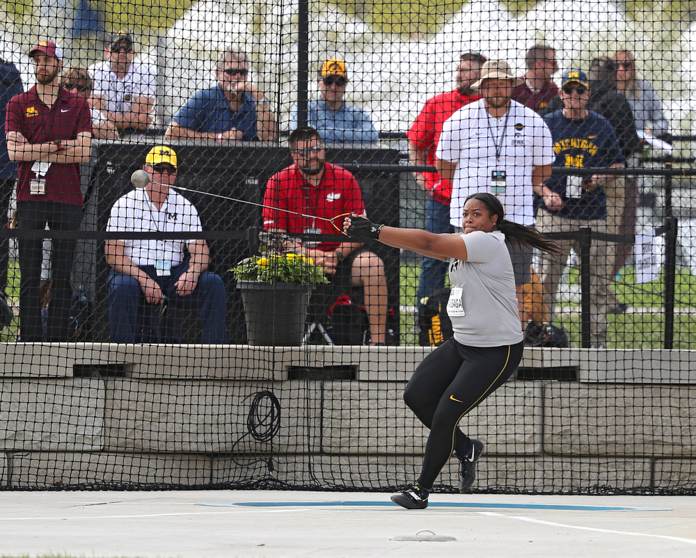 Iowa's Laulauga Tausaga throws during the women’s hammer throw event on the first day of the Big Ten Outdoor Track and Field Championships at Francis X. Cretzmeyer Track in Iowa City on Friday, May. 10, 2019. (Stephen Mally/hawkeyesports.com)