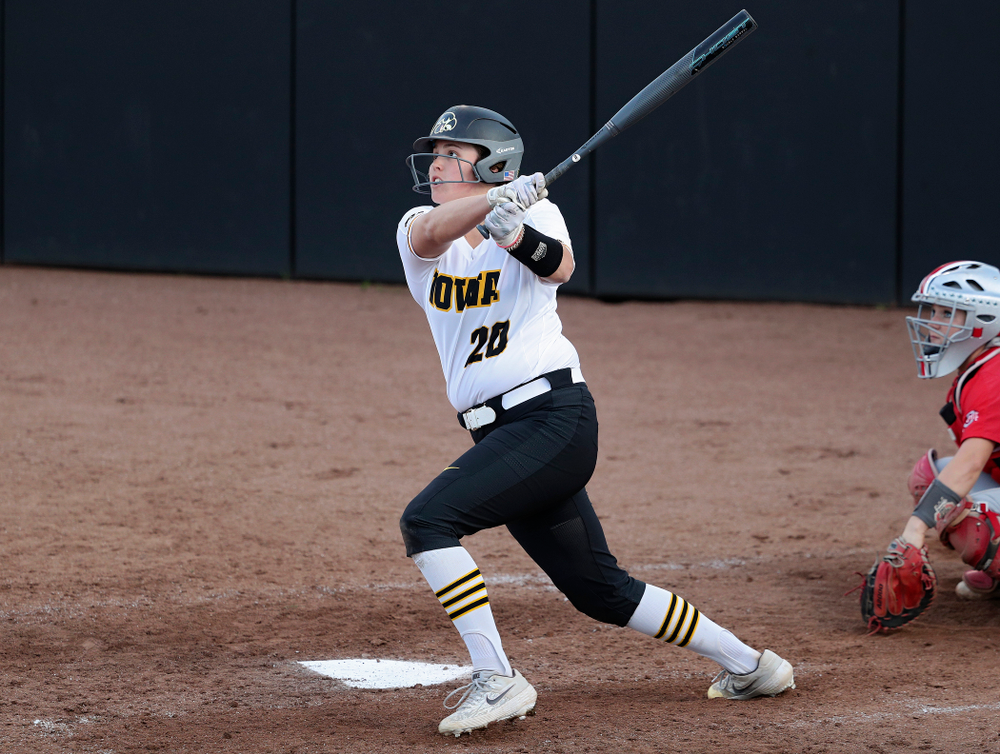Iowa designated player Miranda Schulte (20) hits a home run during the sixth inning of their game against Ohio State at Pearl Field in Iowa City on Friday, May. 3, 2019. (Stephen Mally/hawkeyesports.com)