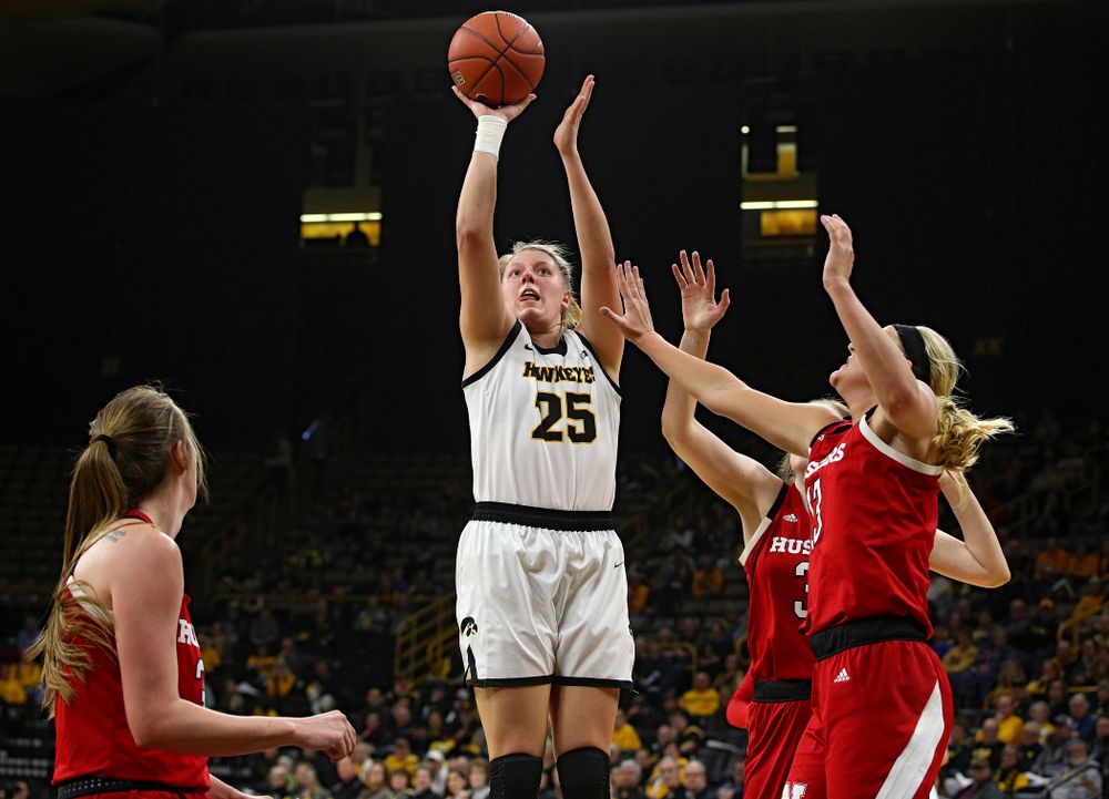 Iowa Hawkeyes forward Monika Czinano (25) puts up a shot during the first quarter of the game at Carver-Hawkeye Arena in Iowa City on Thursday, February 6, 2020. (Stephen Mally/hawkeyesports.com)