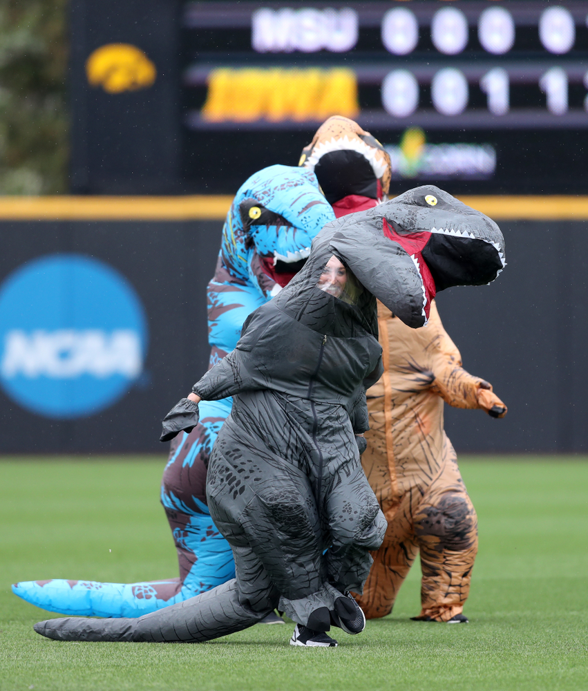 Rachel Heller, Susie Lund, and Emily run the dinosaur race during the Iowa Hawkeyes game against Michigan State Sunday, May 12, 2019 at Duane Banks Field. (Brian Ray/hawkeyesports.com)