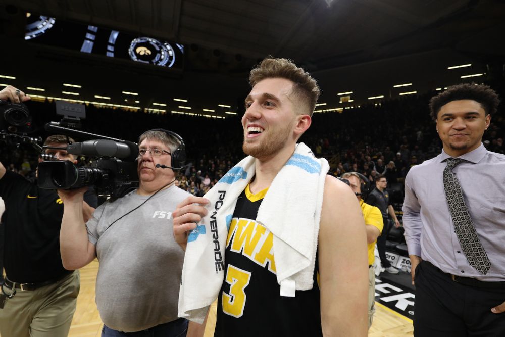 Iowa Hawkeyes guard Jordan Bohannon (3) against the Indiana Hoosiers Friday, February 22, 2019 at Carver-Hawkeye Arena. (Brian Ray/hawkeyesports.com)
