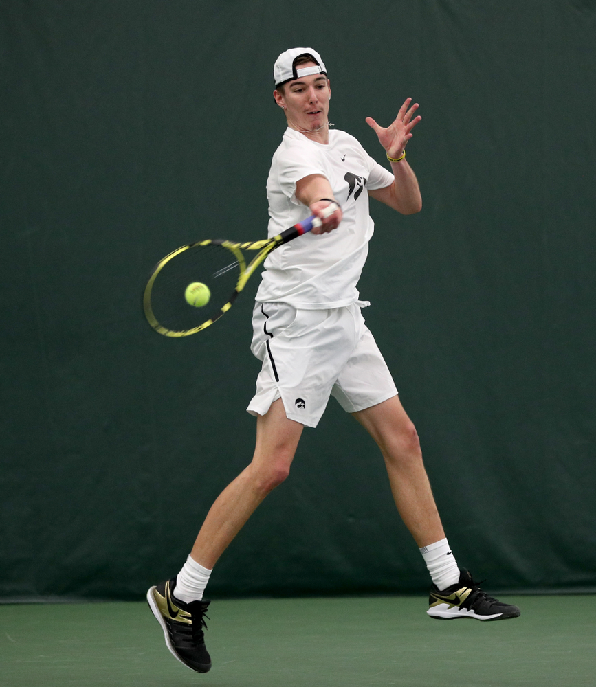 Iowa’s Nikita Snezhko against Cornell Sunday, March 8, 2020 at the Hawkeye Tennis and Recreation Center. (Brian Ray/hawkeyesports.com)