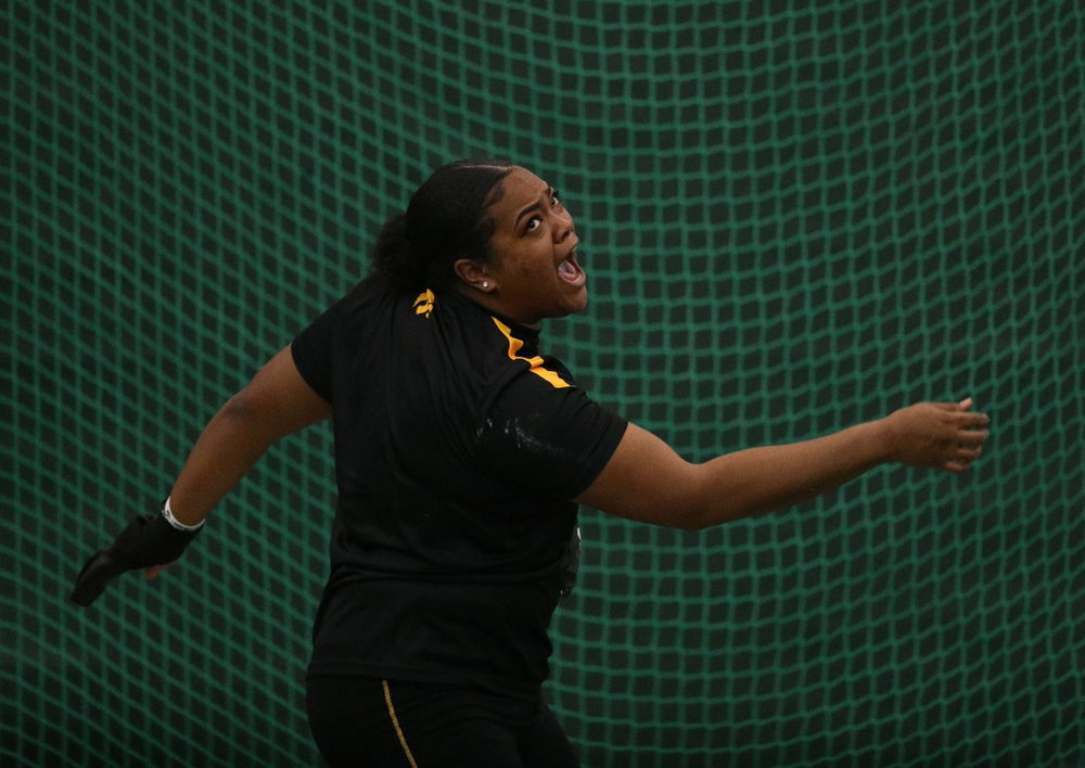 Iowa's Laulauga Tausaga competes in the weight throw during the 2019 Larry Wieczorek Invitational Friday, January 18, 2019 at the Hawkeye Tennis and Recreation Center. (Brian Ray/hawkeyesports.com)