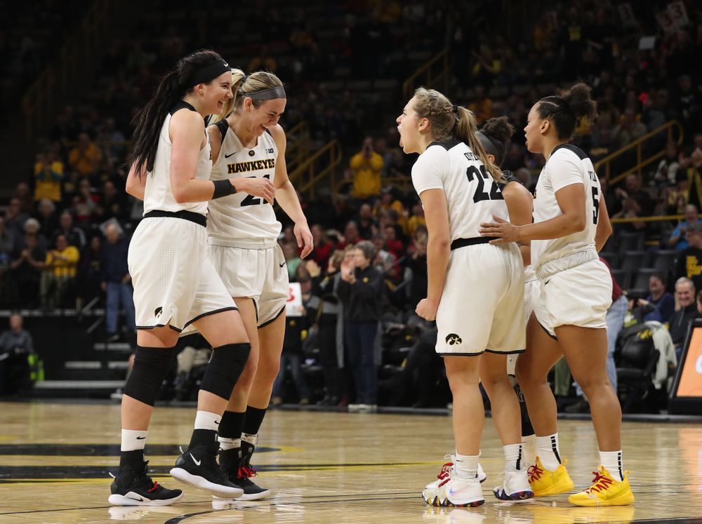 Iowa Hawkeyes forward Megan Gustafson (10), forward Hannah Stewart (21), and guard Kathleen Doyle (22) against the Purdue Boilermakers Sunday, January 27, 2019 at Carver-Hawkeye Arena. (Brian Ray/hawkeyesports.com)