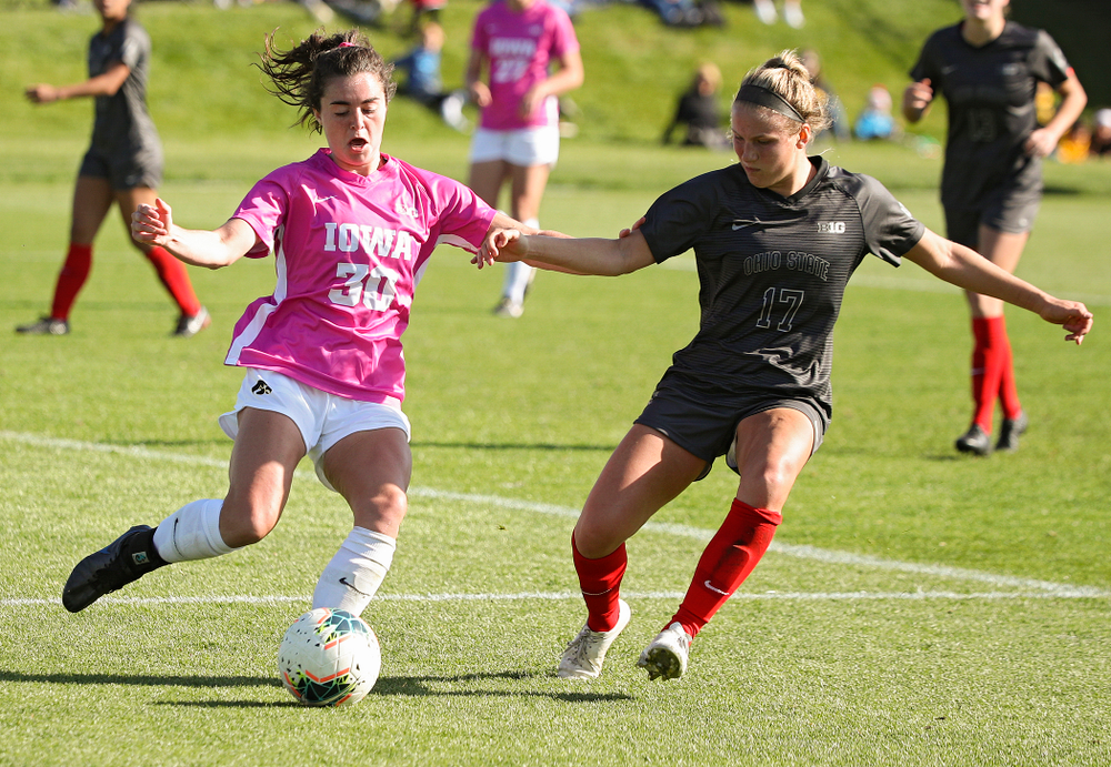 Iowa forward Devin Burns (30) passes the ball during the second half of their match at the Iowa Soccer Complex in Iowa City on Sunday, Oct 27, 2019. (Stephen Mally/hawkeyesports.com)