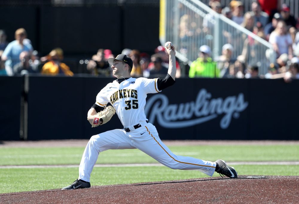 Iowa Hawkeyes Cam Baumann (35) against the Nebraska Cornhuskers Saturday, April 20, 2019 at Duane Banks Field. (Brian Ray/hawkeyesports.com)