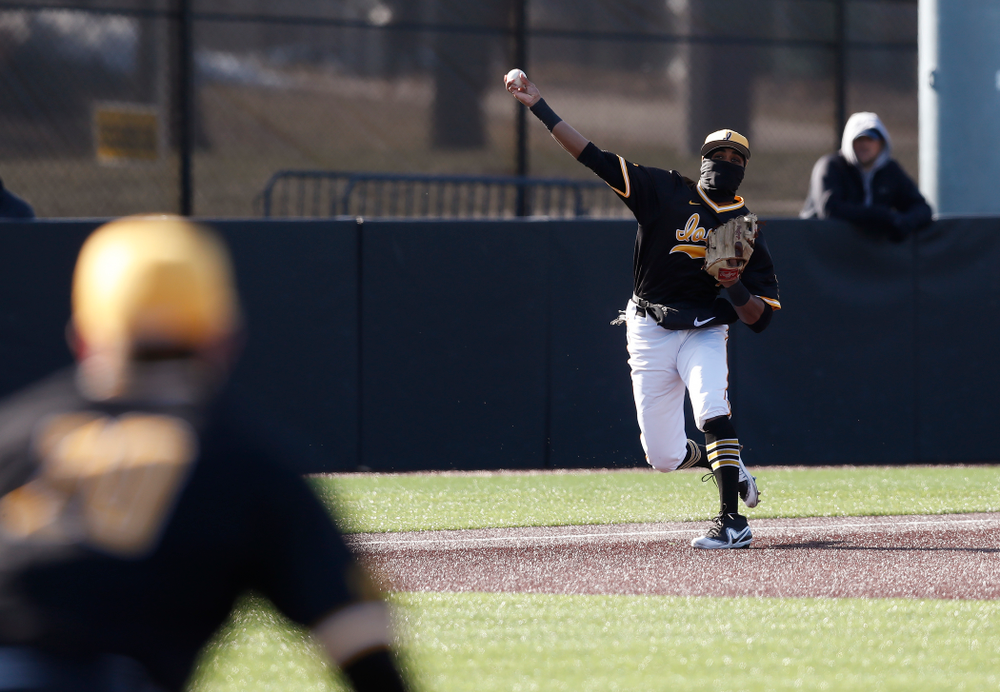 Iowa Hawkeyes third baseman Lorenzo Elion (1) against Grand View Wednesday, April 4, 2018 at Duane Banks Field. (Brian Ray/hawkeyesports.com)