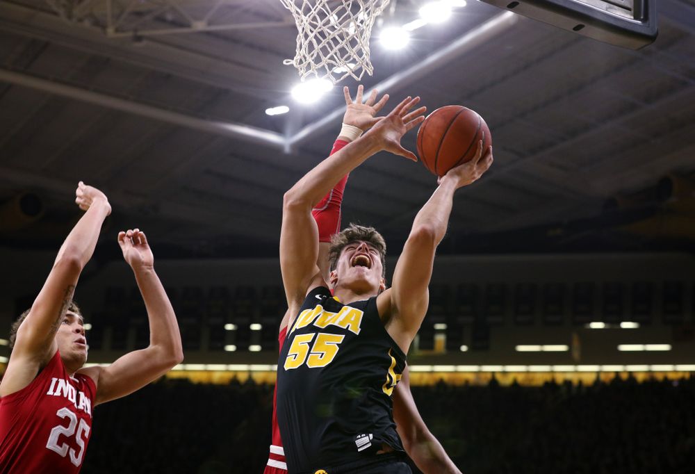 Iowa Hawkeyes forward Luka Garza (55) against the Indiana Hoosiers Friday, February 22, 2019 at Carver-Hawkeye Arena. (Brian Ray/hawkeyesports.com)