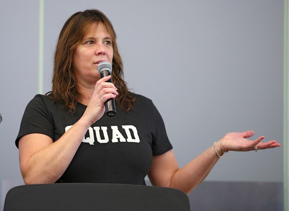 Margaret McCaffery talks with visitors from the University of Iowa Hospitals and Clinics Adolescent and Young Adult (AYA) Cancer Program at Carver-Hawkeye Arena in Iowa City on Monday, Sep 30, 2019. (Stephen Mally/hawkeyesports.com)