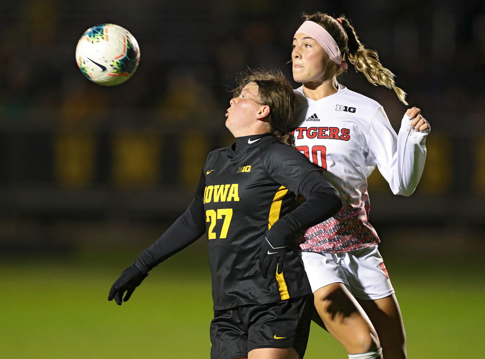 Iowa forward Samantha Tawharu (27) eyes the ball during the first half of their match at the Iowa Soccer Complex in Iowa City on Friday, Oct 11, 2019. (Stephen Mally/hawkeyesports.com)