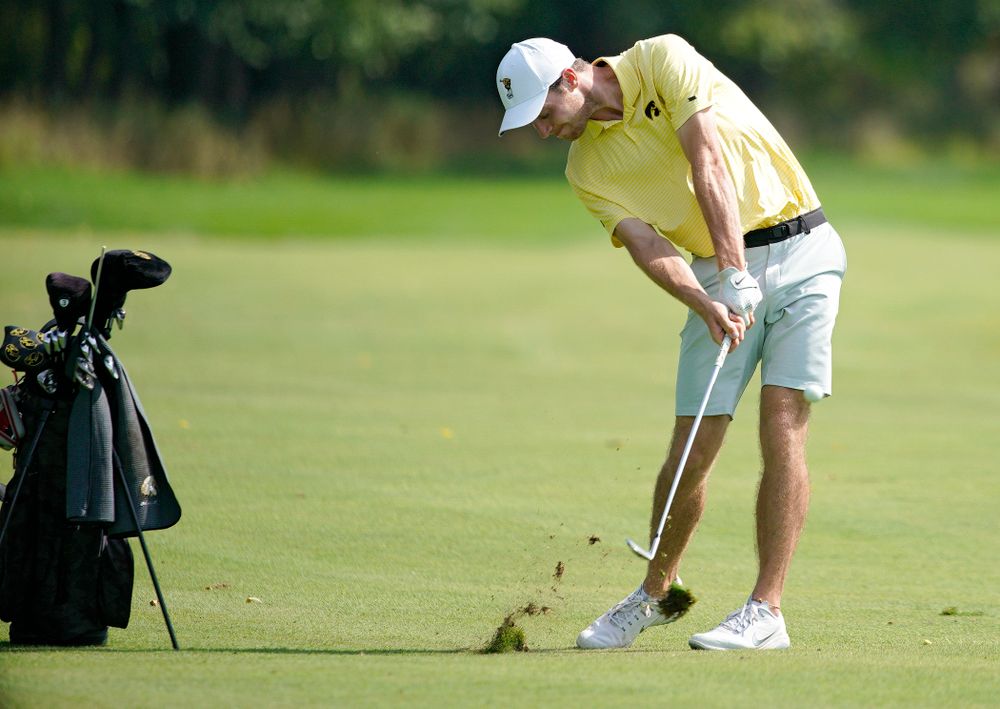 Iowa’s Jake Rowe hits from the fairway during the third day of the Golfweek Conference Challenge at the Cedar Rapids Country Club in Cedar Rapids on Tuesday, Sep 17, 2019. (Stephen Mally/hawkeyesports.com)