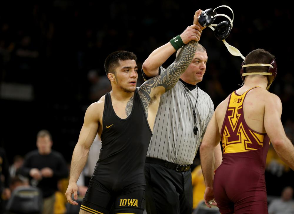Iowa’s Pat Lugo wrestles Minnesota’s Brayton Lee at 149 pounds Saturday, February 15, 2020 at Carver-Hawkeye Arena. Lugo won the match 3-2. (Brian Ray/hawkeyesports.com)