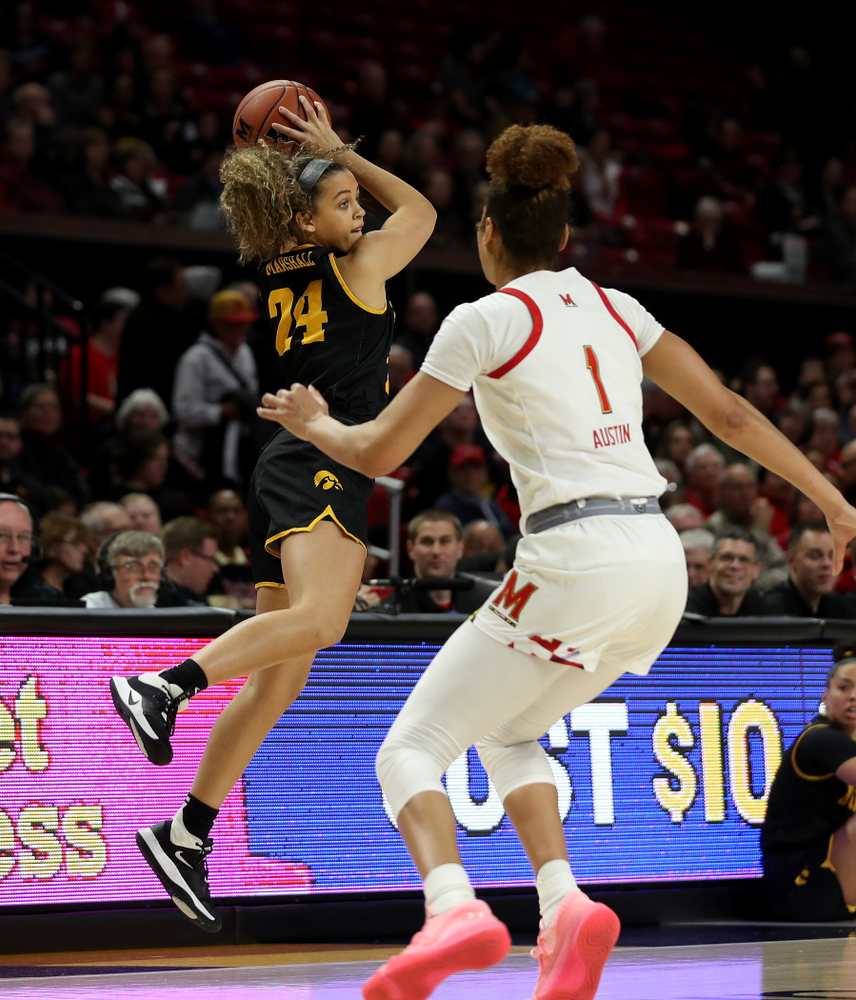 Iowa Hawkeyes guard Gabbie Marshall (24) against the Maryland Terrapins Thursday, February 13, 2020 at the Xfinity Center in College Park, MD. (Brian Ray/hawkeyesports.com)