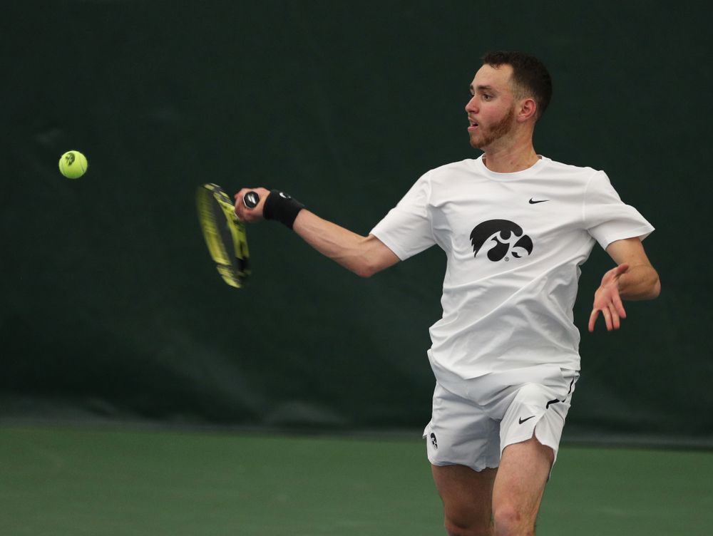 Iowa’s Karem Allaf against Cornell Sunday, March 8, 2020 at the Hawkeye Tennis and Recreation Center. (Brian Ray/hawkeyesports.com)