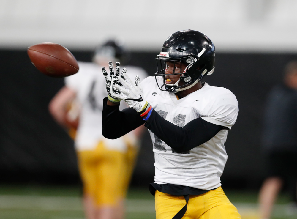 Iowa Hawkeyes defensive back Michael Ojemudia (11) during spring practice Wednesday, March 28, 2018 at the Hansen Football Performance Center. (Brian Ray/hawkeyesports.com)