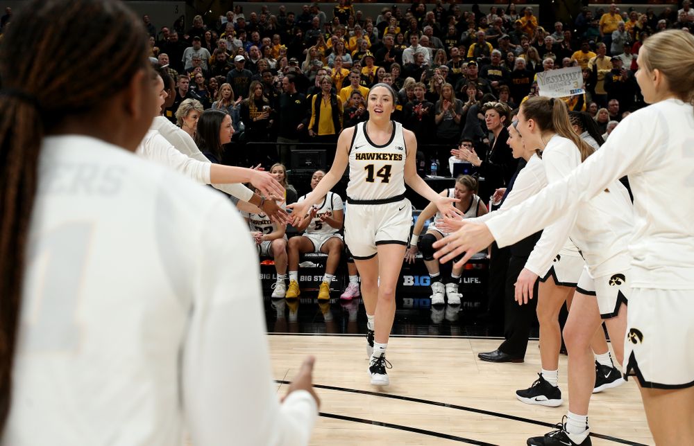 Iowa Hawkeyes forward McKenna Warnock (14) against Ohio State in the quarterfinals of the Big Ten Basketball Tournament Friday, March 6, 2020 at Bankers Life Fieldhouse in Indianapolis. (Brian Ray/hawkeyesports.com)