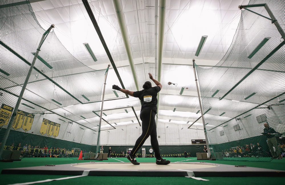 Iowa's Laulauga Tausaga sets a school record in the weight throw Friday, January 11, 2019 at the Hawkeye Tennis and Recreation Center. Tausaga set the new mark with a throw of 20.67m, 67-9 3/4. (Brian Ray/hawkeyesports.com)