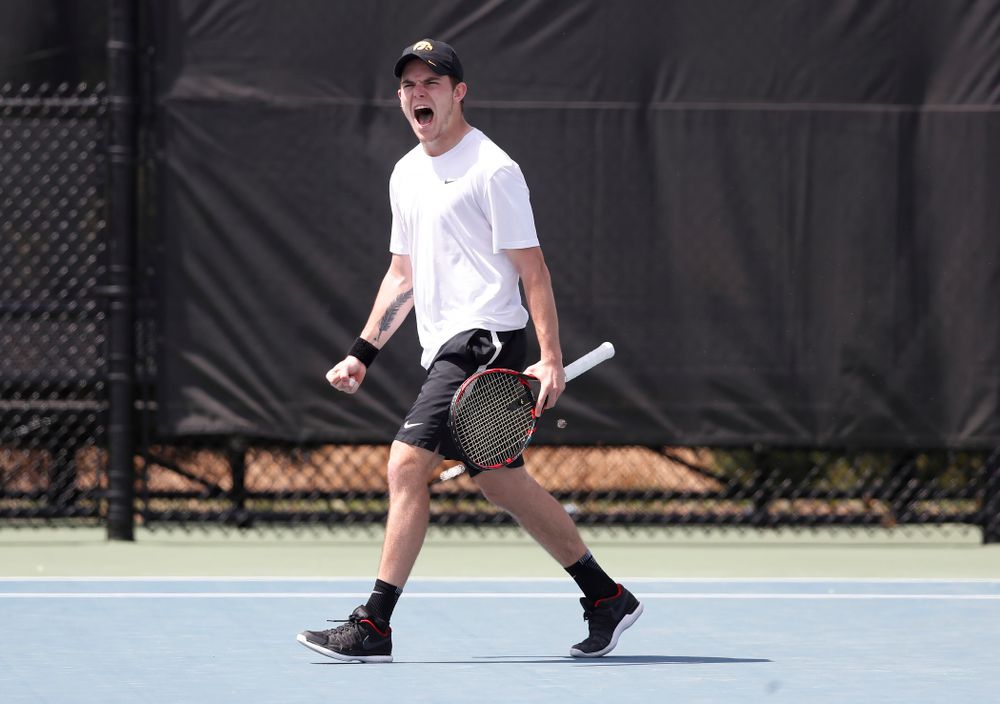 Jonas Larsen against Northwestern in the first round of the 2018 Big Ten Men's Tennis Tournament Thursday, April 26, 2018 at the Hawkeye Tennis and Recreation Complex. (Brian Ray/hawkeyesports.com)