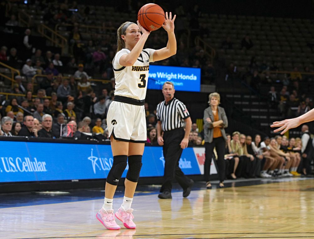 Iowa Hawkeyes guard Makenzie Meyer (3) makes a 3-pointer during the second quarter of the game at Carver-Hawkeye Arena in Iowa City on Thursday, February 6, 2020. (Stephen Mally/hawkeyesports.com)